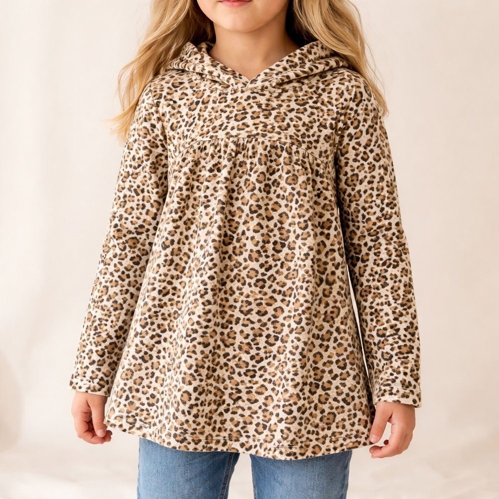 Jumping Beans Girls Size 5 Leopard Print Fleece Hoodie Tunic Pullover